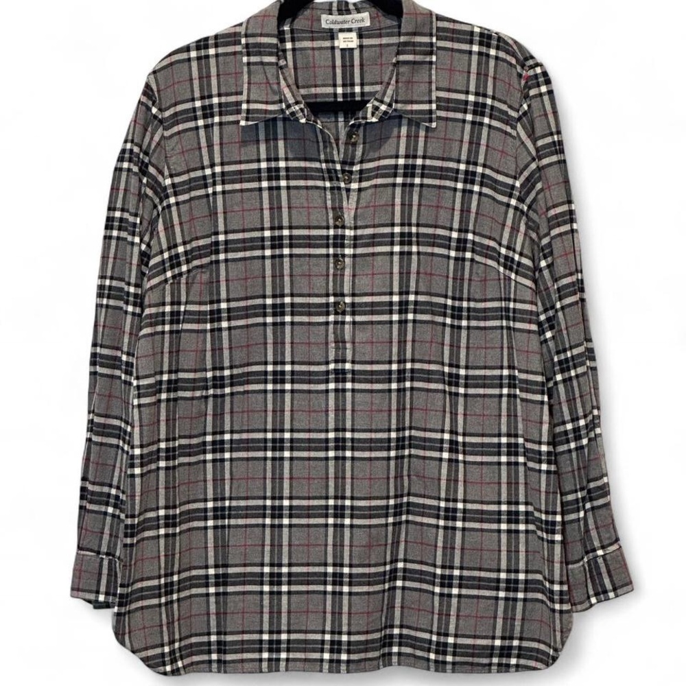Charter Club Gray Black Plaid Cabincore Flannel Shirt Sz L